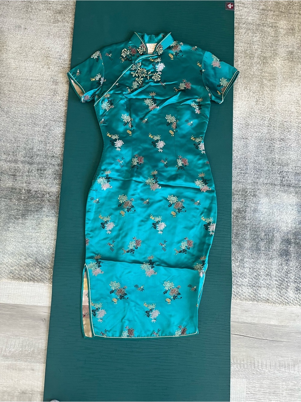 Peony Brand Shanghai China 100% Rayon Teal Blue Floral Dress Size 34 Small